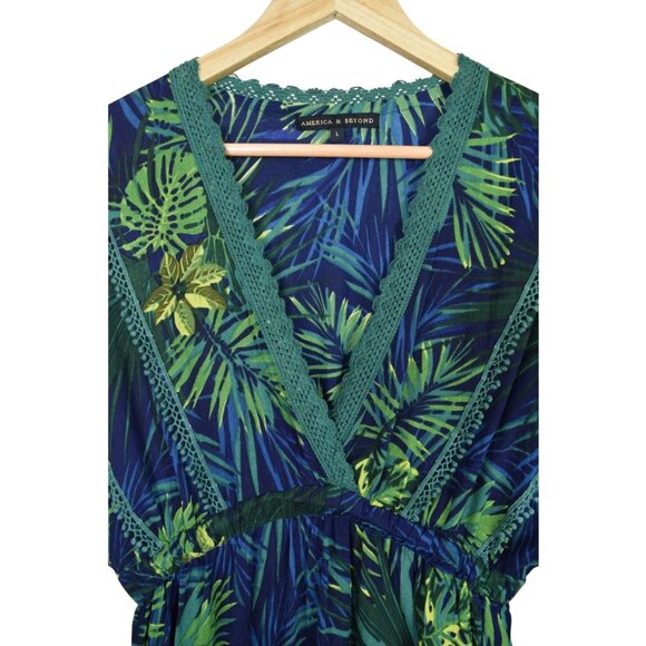 AMERICA & BEYOND TROPICAL PALM PRINT GREEN V-NECK COVER UP DRESS - Picture 3 of 8